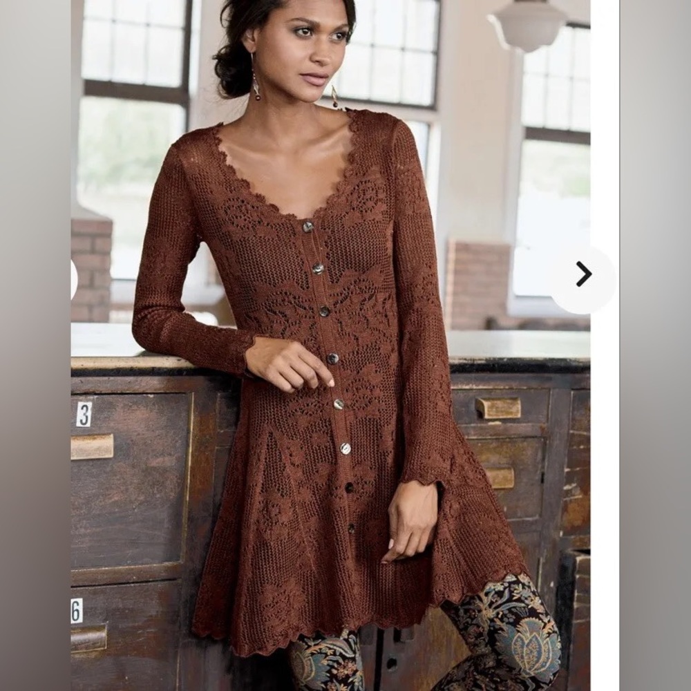 Peruvian Connection Gamine Tunic Dress Cardigan Size Small Brown